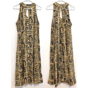 VINTAGE VTG ? JONI BLAIR Yellow Aztec Geo Geometric Tile Print Summer Midi Dress